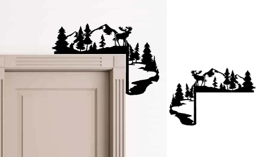 Moose on a Mountain with Forest Trees and Pond Scene Door Trim Corner, Home Decoration for all year round!